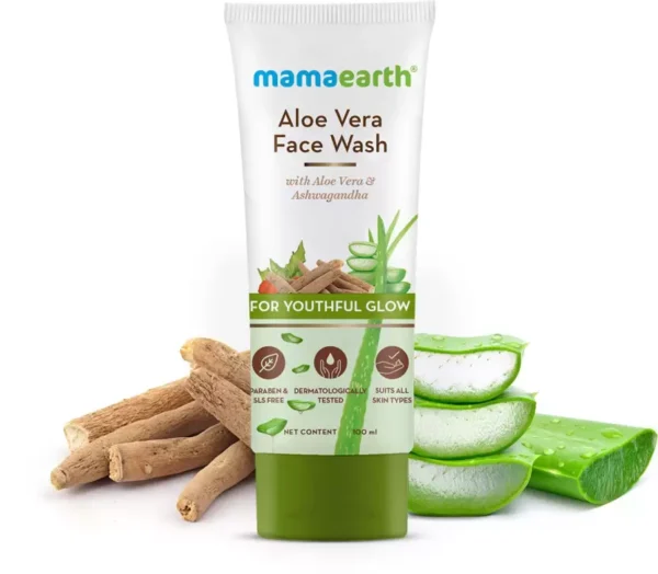 mamaearth face wash, for youthful glow, with aloe vera and ashwagandha